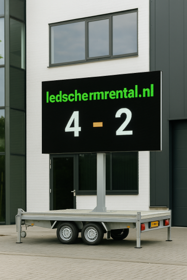Digitale scorebord met de score 4-2, geplaatst voor een gebouw.