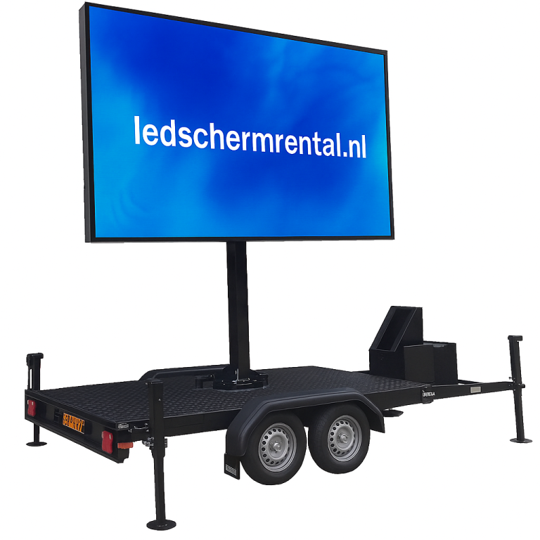 Mobiele LED-scherm op aanhanger, geschikt voor evenementen en buitengebruik.