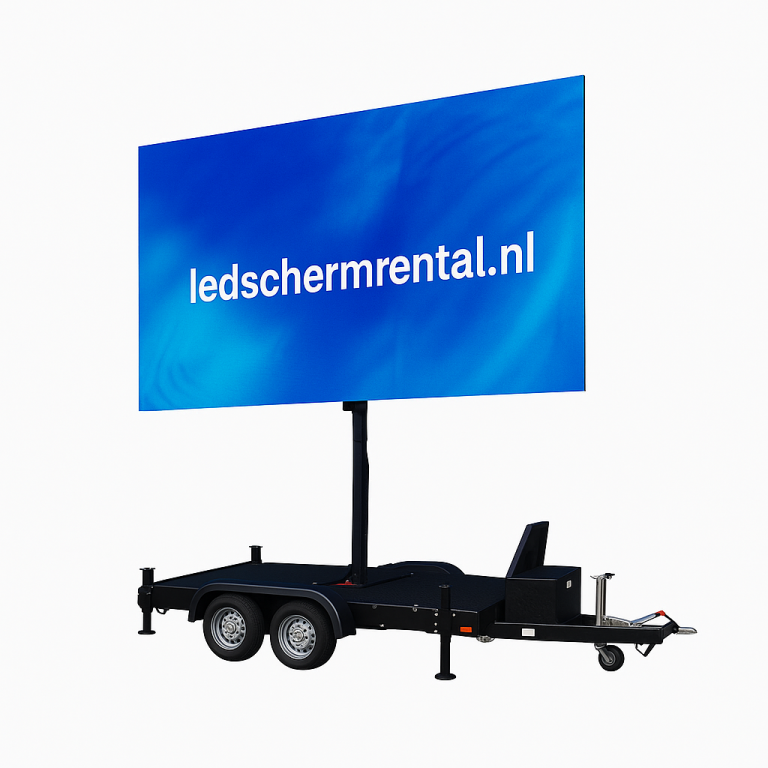 Mobiele LED-scherm op een aanhanger met een blauwe achtergrond.