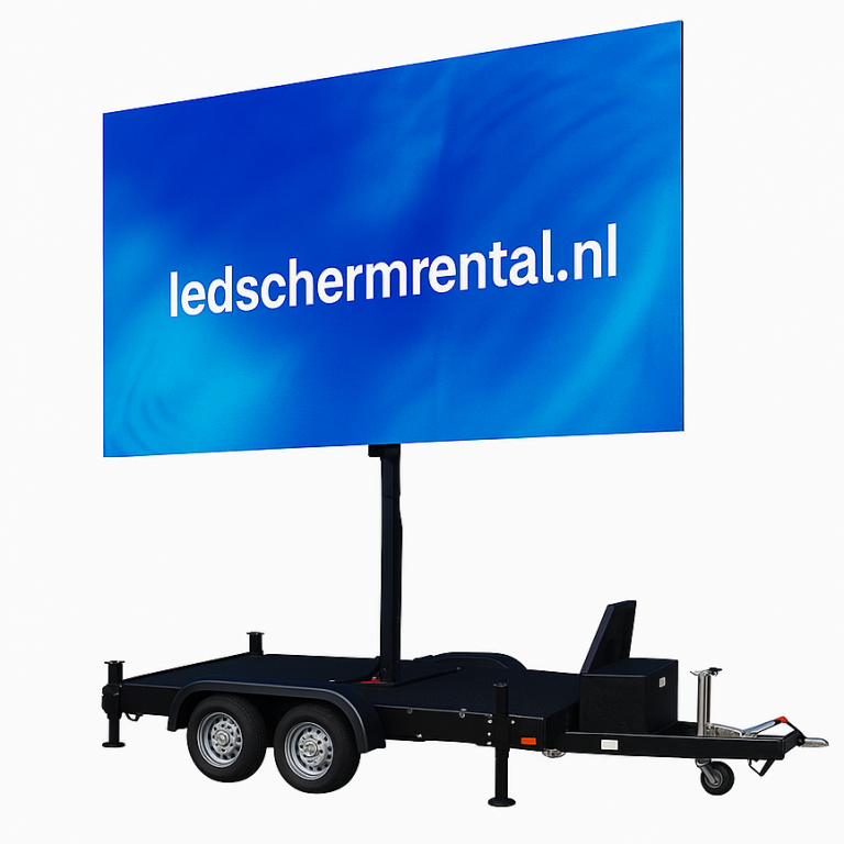 Verplaatsbare LED-schermaanhanger met bedrijfslogo op de afbeelding.